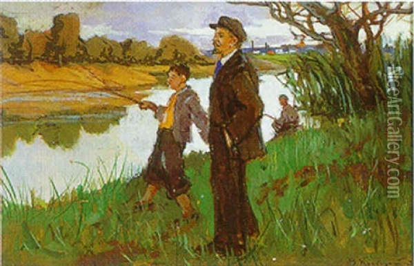 Lenin Am Flusufer Oil Painting - Wladimir G. Krikhatzkij