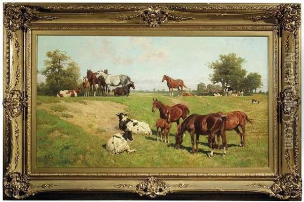 Extensivesummery Landscape With Horses And Cattle Oil Painting - Georg Koch