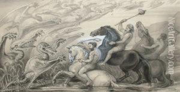 Battle Between Mythical Flying Beasts And Prehistoric Men Oil Painting - Benjamin Waterhouse Hawkins