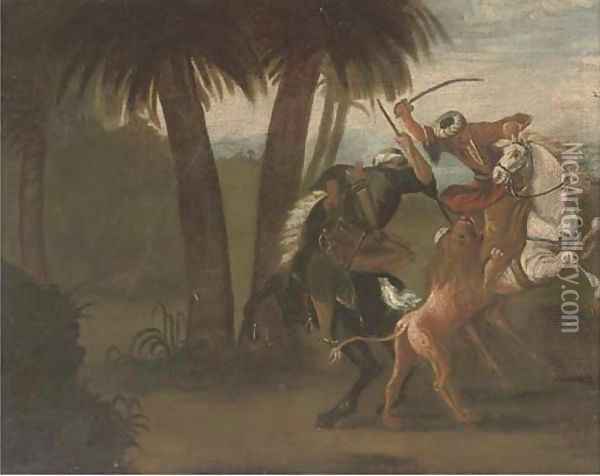 Ottomans on horseback hunting a lion Oil Painting - Spanish School