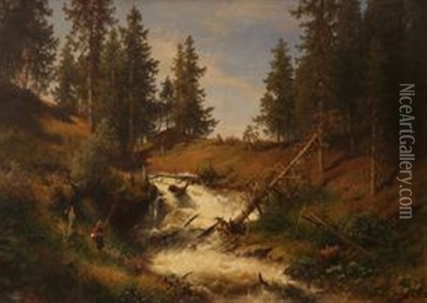 Fosselandskap Med Fisker Oil Painting - Hermann Herzog