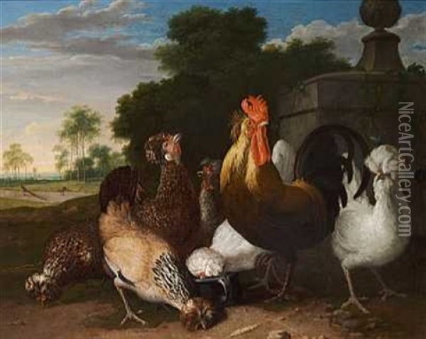 Brogede Haner Og Hons I Et Landskab Oil Painting - Melchior de Hondecoeter