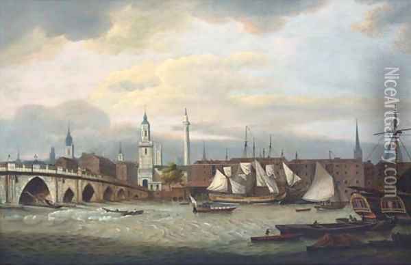Merchant shipping at the wharfside below old London Bridge Oil Painting - Thomas Luny