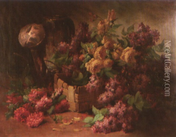 Nature Morte A L'arrosoir Aux Pivoines Et Au Lilas Oil Painting - Emile Godchaux