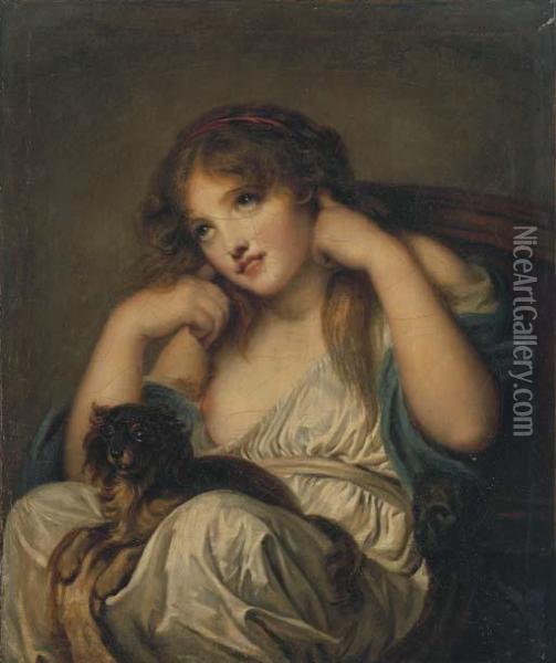 A Young Girl With A Dog On Her Lap Oil Painting - Jean Baptiste Greuze