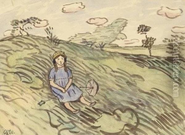 Sitzendes Madchen In Der Worpsweder Heide, Mit Sonnenschirm Und Kleinem Drachen Oil Painting - Otto Modersohn