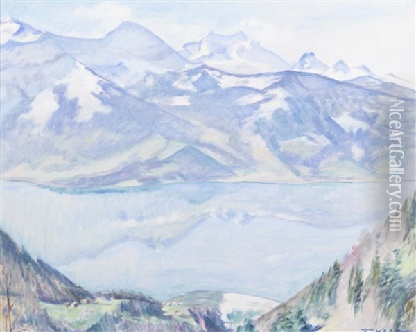 Brienzersee Mit Jungfrau Oil Painting - Fredy Hopf