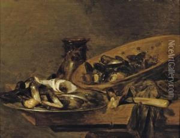Mussels In Pewter And Earthenware Plates With An Upturned 'roemer', On A Wooden Table Oil Painting - Abraham Hendrickz Van Beyeren