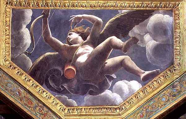 Cupid, ceiling caisson from the Sala di Amore e Psyche, 1528 Oil Painting - Giulio Romano (Orbetto)