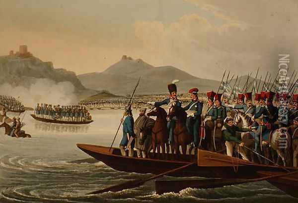 The Allied Army Crossing the Rhine to Invade France, 1813, from 'Historic, Military and Naval Anecdotes', 1816 Oil Painting - John Heaviside Clark