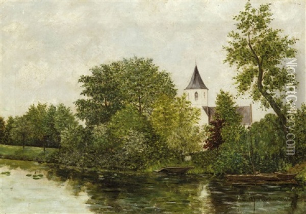 The River Lys Near The Church Of Afsnee (1883) Oil Painting - Albijn van der Abeele