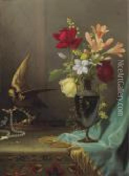 Vase Of Mixed Flowers With A Dove Oil Painting - Martin Johnson Heade