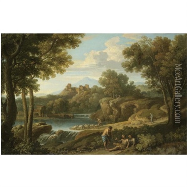A Classical Landscape With Figures And A Herdsman Near A Waterfall, A Hilltop Fort Beyond Oil Painting - Andrea Locatelli