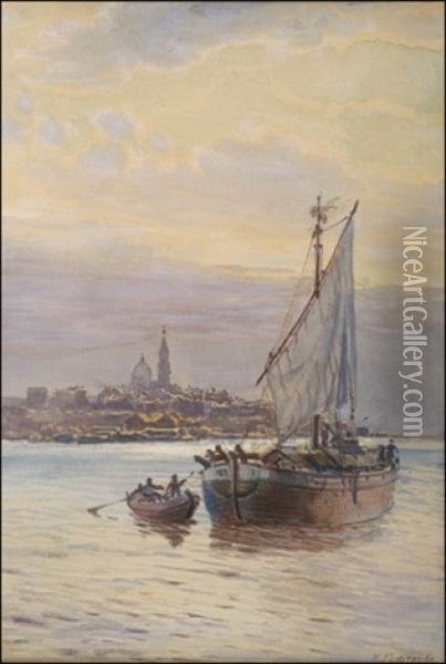 Laivaa Lastataan Aamun Sarastaessa (loading A Ship At Dawn) Oil Painting - Karl Eduardovich Geftler