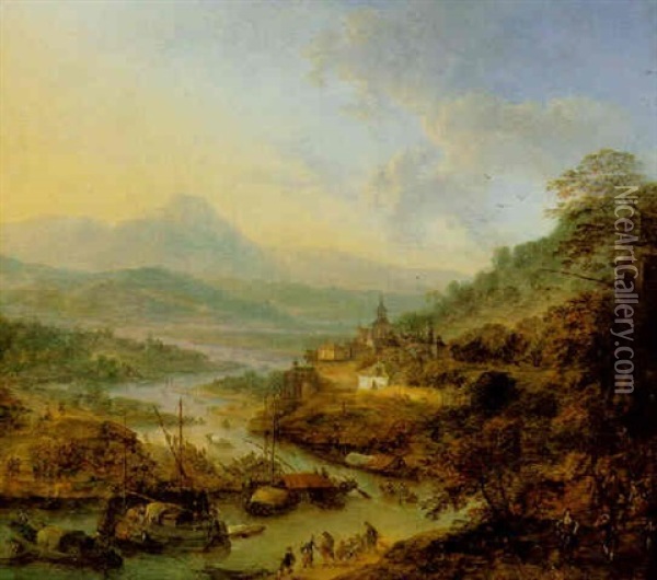 Mountainous Rhenish Landscape With Figures Boating, Others Walking Beside The River, A Town Beyond Oil Painting - Robert Griffier