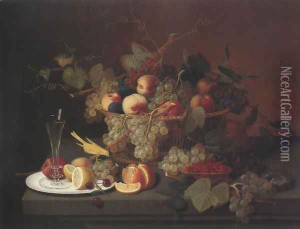Still Life With Fruit Goblet And Canary(Nature's Bounty) 1851 Oil Painting - Severin Roesen