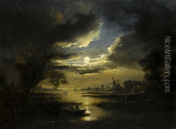 Flusslandschaft Bei Mondschein Oil Painting - Anthonie Van Borssom