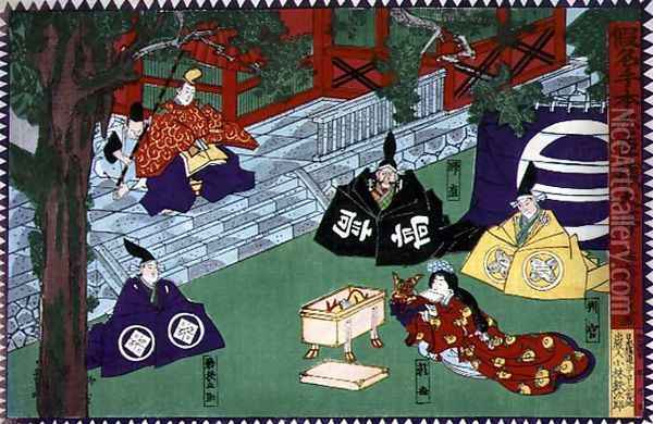 Scene from the 1st act of a kabuki play, 'Kanadehon Chushingura', a tale of revenge based on the forty seven ronin incident of 1703, c.1870 Oil Painting - Utagawa Yoshitora