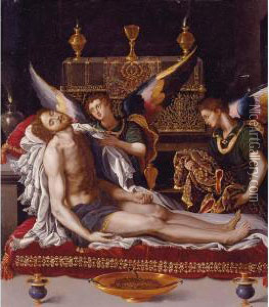 Dead Christ Attended By Two Angels Oil Painting - Alessandro Allori