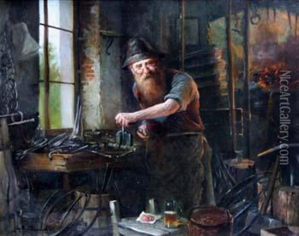 Blacksmith Interior Scene Oil Painting - Rudolf Klingsbogl