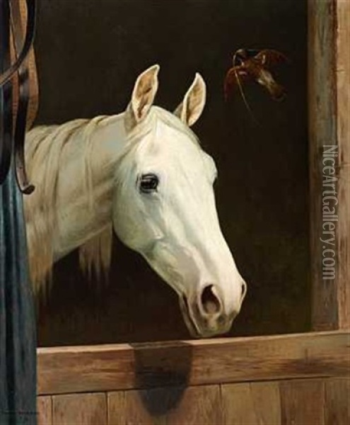 En Hvid Hest Og En Spurv I Stalddoren Oil Painting - Simon Simonsen