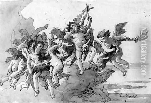 Cupid with putti and a torch amongst clouds Oil Painting - Giovanni Domenico Tiepolo