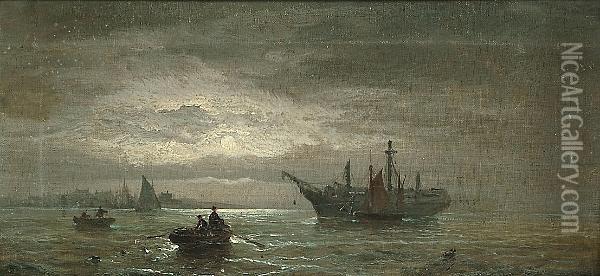 A Moonlit Marine Scene Oil Painting - William A. Thornley Or Thornber