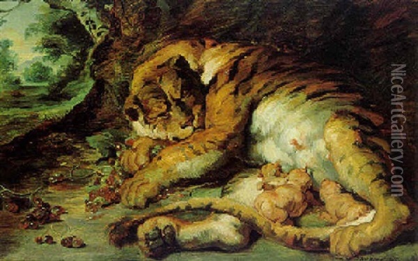 Tigerin, Die Ihren Jungen Saugt Oil Painting - Josef Bueche