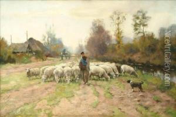 Shepherd With His Sheep, Paused Along A Track Oil Painting - Petrus Paulus Schiedges