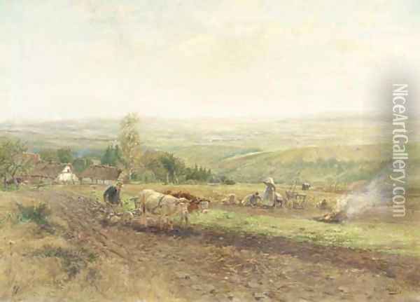 Working the land a panoramic landscape Oil Painting - Hugo Muthlig