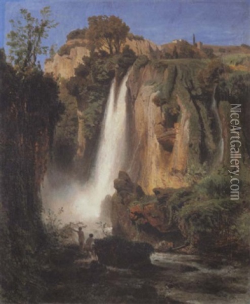 Wasserfall Mit Zwei Badenden (italien) Oil Painting - Oswald Achenbach