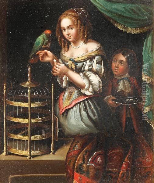 Lady Feeding A Parrot; And A Musical Serenade A Pair Oil Painting - Frans Ii Van Mieris
