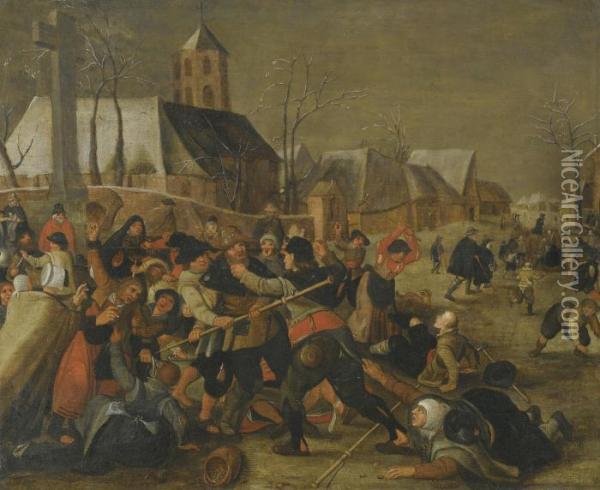 A Winter Landscape With A Peasant Brawl Near A Church Oil Painting - Marten Van Cleve