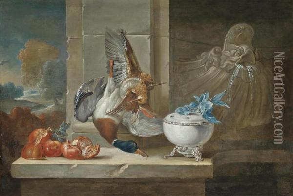 Dead Game And Pomegranates On A Ledge Beside A Fountain Oil Painting - Jean-Baptiste Oudry