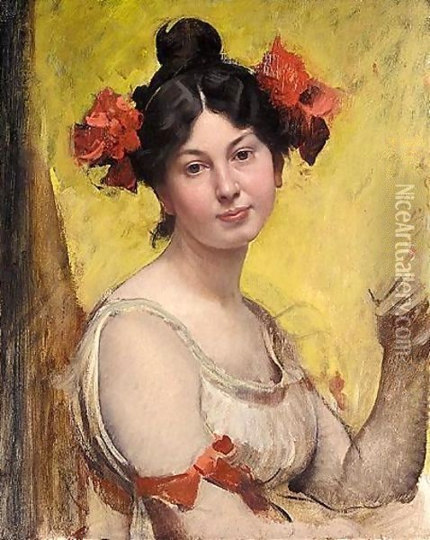Portrait Of A Young Woman Oil Painting - Adolf Hiremy-Hirschl