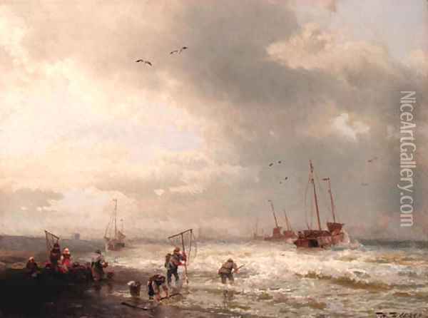 Fishermen by the shore of a stormy sea Oil Painting - Herman Herzog
