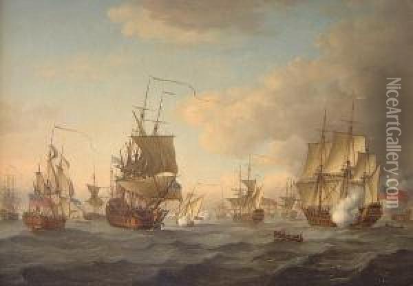 British Naval Shipping Firing Salutes Oil Painting - John the Younger Cleveley