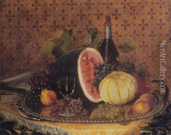 A Still Life With Fruit And Wine On A Silver Platter Oil Painting - William Mason Brown