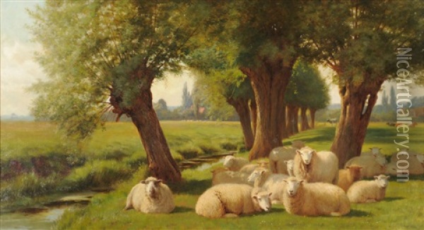 Sheep In A Sunlit Meadow With Willow Trees Beside A Stream Nearby Oil Painting - William Sidney Cooper