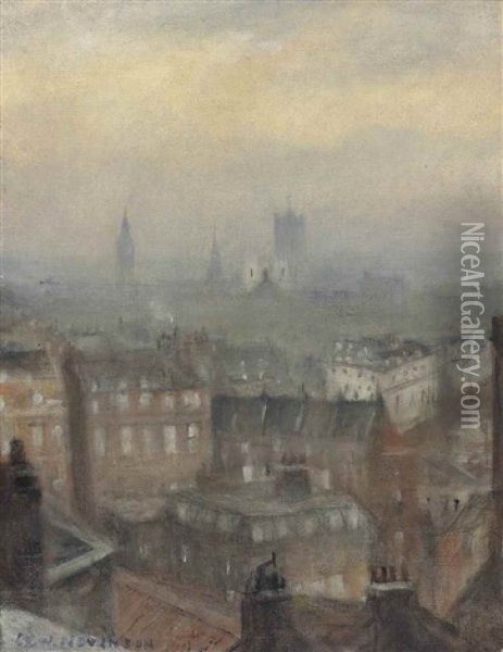 London Triumphant In The Fourth Year Of War: From The Dorchester Roof, Looking South-east Oil Painting - Christopher Richard Wynne Nevinson