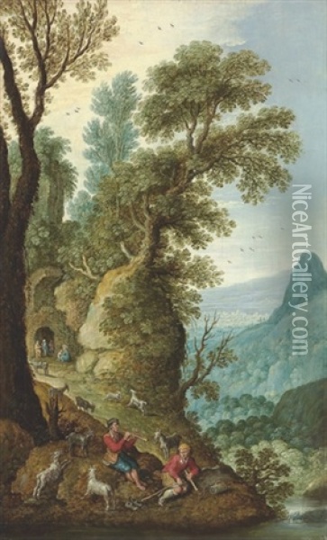 A Mountainous Landscape With Goatherds In The Foreground, And A Grotto Beyond Oil Painting - Marten Ryckaert
