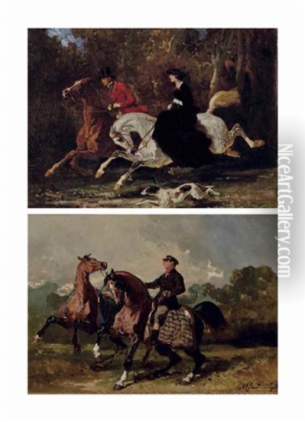 Chasseurs A Courre; Et Le Lad Oil Painting - Alfred De Dreux