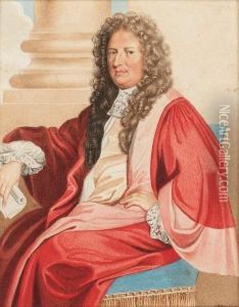 Dr Herbert Plot, Seated On A 
Blue Upholstered Chair, Wearing Crimson And Pink Robes, White Lace Cuffs
 And Jabot, He Holds A Scroll Of Paper Oil Painting - George Perfect Harding