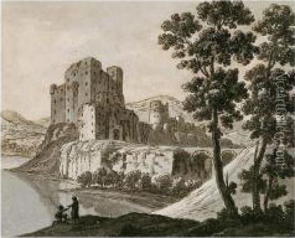 A Ruined Castle By A Lake Oil Painting - Robert Adam