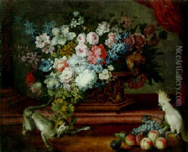 Tulips, Roses, Carnations And Other Flowers In An Urn On A Ledge, With A Monkey, Fruit And Cockatoo Oil Painting - Pieter Casteels III