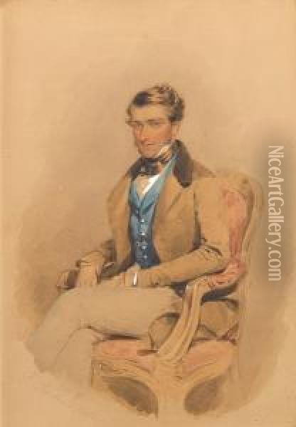 A Pair Of Portraits Of The Rev. 
George Gilbeybarton, Wearing Fawn-coloured Coat With Brown Collar, Buff 
Colouredtrousers, Blue Waistcoat And White Shirt With Tied Black 
Stock,seated In A Carved And Upholstered Armchair; And Mrs Barton 
(neelouisa A Oil Painting - Francois Theodore Rochard