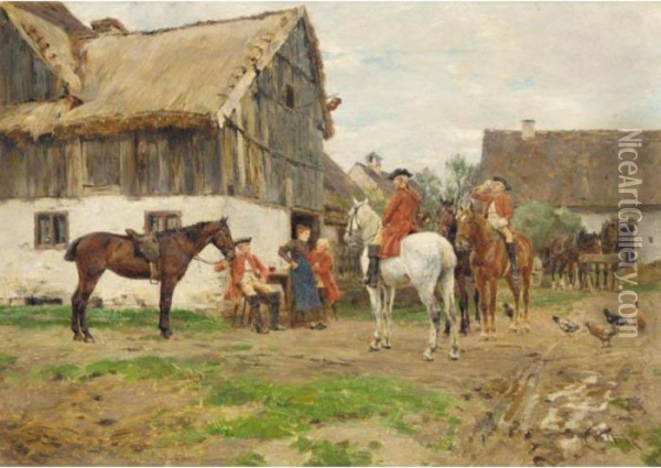 Riders Taking A Rest In The Village Oil Painting - Wilhelm Velten