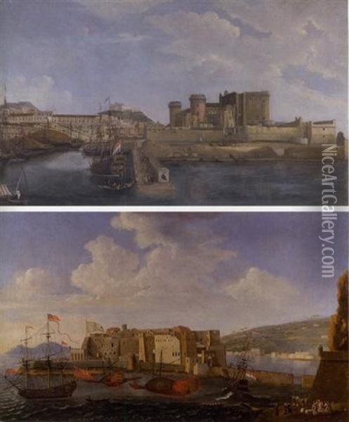 A View Of Castel Dell'ovo From The Bay Of Trentaremi, Naples (+ View Of The Darsena; Pair) Oil Painting - Gabriele Ricciardelli