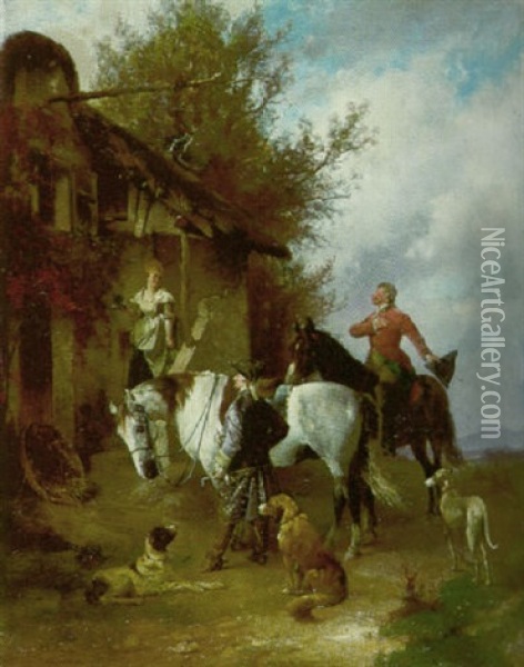 Zwei Kavaliere Zu Pferde Vor Der Bauernschenke Oil Painting - Helene Buettner