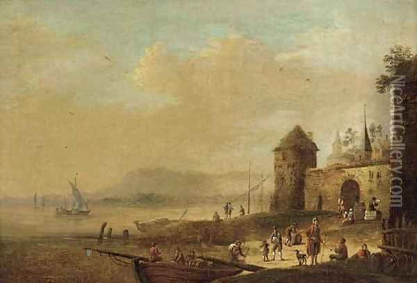Figures unloading a barge at a riverside village Oil Painting - Bonaventure II Peeters